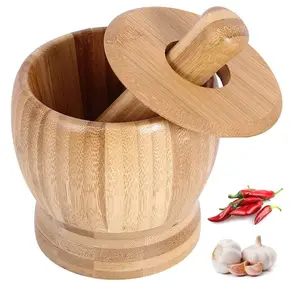 Pepper garlic herb spice grinder press crusher masher natural bamboo wooden pestle wood mortar