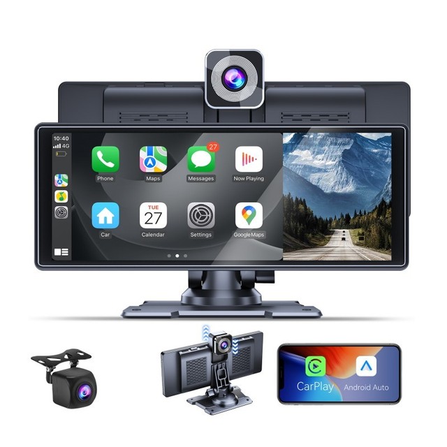 10.26'' Wireless IPS Touch Screen Portable Carplay Android Auto FM Transmitter Amplifier with Voice Control for Universal Cars