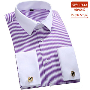 Chemises habillées rayées pour hommes à manches longues avec poignets mousquetaires et boutons – Vêtements formels blancs personnalisables - Product Image 3