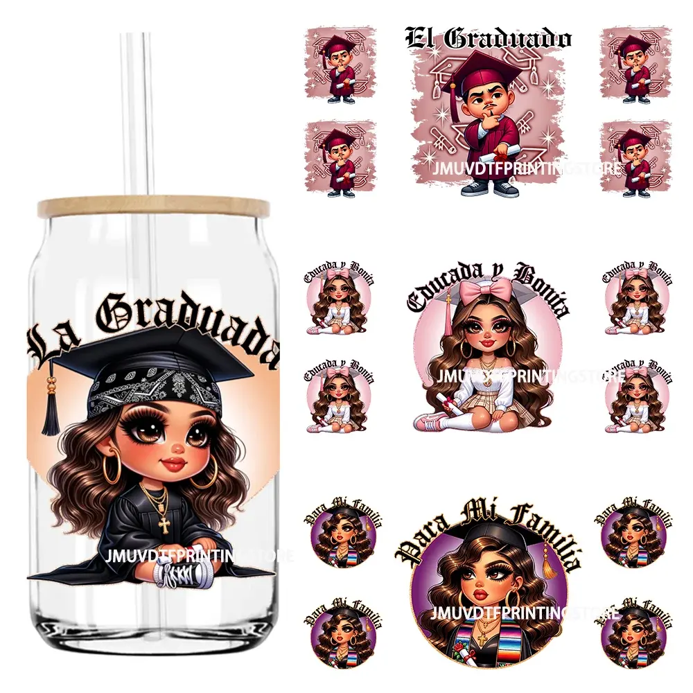 Chicano Graduation Mexican Lady 16Oz Uv Dtf Cup Wrap Transfers Stickers Aangepaste Labels Diy Waterdicht Logo Voor Libbey Glas Kan