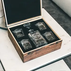 5 Pack Whiskey Decanter Gift Box Custom Etched Whisky Decanter Set With 4 Whiskey Tumbler Glasses And 8 Stones In Wooden Box