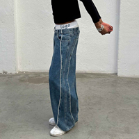 Jean en denim OEM bleu délavé à l'acide et au sel, coupe large unie, avec coutures courbées légères, passepoilé, gris vintage, coupe ample, boutons et rivets pour homme