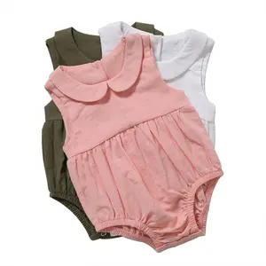 Baju monyet bayi perempuan, Romper katun Linen tanpa lengan warna Solid