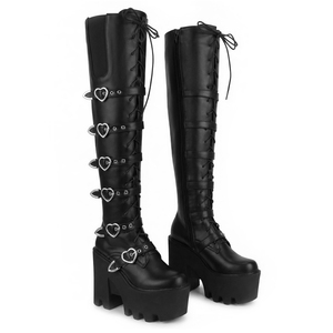 Bottines noires <span class=keywords><strong>gothiques</strong></span> WETKISS pour femmes, avec boucles en forme de cœur, à porter au-dessus du genou, talons épais, <span class=keywords><strong>bottes</strong></span> longues, chaussures cyber goth pour femmes - Product Image 2