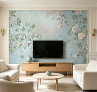 Wallpaper Sutra Motif Bunga dan Burung Warna Biru Muda Vintage, Mural Dinding Dekoratif Modern Mewah untuk Ruang Tamu dan Kamar Tidur