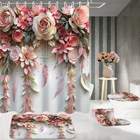 Fleur rose romantique et plante verte mignonne ensemble de décoration de salle de bain en polyester floral avec rideau de douche, tapis et accessoires