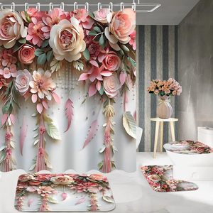 Fleur rose romantique et plante verte mignonne ensemble <span class=keywords><strong>de</strong></span> décoration <span class=keywords><strong>de</strong></span> <span class=keywords><strong>salle</strong></span> <span class=keywords><strong>de</strong></span> <span class=keywords><strong>bain</strong></span> en polyester floral avec rideau <span class=keywords><strong>de</strong></span> douche, tapis et accessoires - Product Image 3