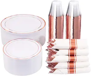 175Pcs Rose Gold Plastic Dinnerware with Rose Gold silverware and Cups Pre Rolled Napkins and Rose Gold Cutlery for Wedding