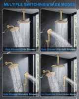 Système de douche avec robinet de régulation de pression, ensemble de robinetterie de douche à montage au plafond 10 pouces, 2 douches pluie et douches à main, inverseur à bouton-poussoir, finition or brossé