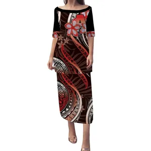 Amerikaanse Samoan Puletasi Jurk Rode Dames Off-Shoulder Jurken Zomer Feest Kerk Maxi Kleding Print On Demand Tops Trendy