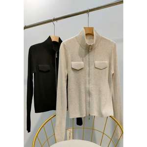 ODM Service <span class=keywords><strong>Cardigan</strong></span> Casual a collo alto da donna in lana traspirante misto a maniche lunghe sottile con finiture con cerniera per la primavera - Product Image 2