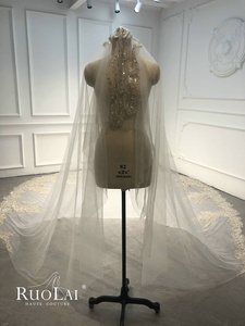 Voile de mariée de luxe Ruolai VW0050 à un niveau en tulle ivoire avec dentelle perlée <span class=keywords><strong>or</strong></span> champagne et perles de cristal - Product Image 2