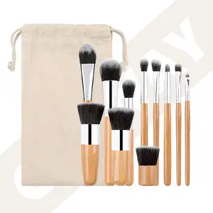 Set di pennelli trucco 11 pz con borsa Gunny professionale trucco cosmetico spazzola per il trucco del viso con manico in bambù