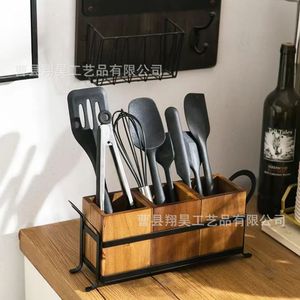 Caja de Almacenamiento de Madera, Porta Cuchillos, Tenedores y Palillos, Combinación de Hierro y Madera, Organizador de Escritorio Multifuncional, Estante de Cocina - Product Image 2