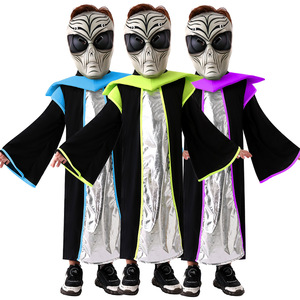 Disfraz de alienígena para niños con máscara, capa negra plateada, ribete azul, verde y morado para actuaciones de Halloween - Product Image 1