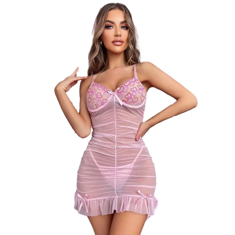 Coração Sexy Lingerie Transparente Francês Sheer Babydoll Nightdress e Camisola Sleepwear Set Tecido De Malha com Decoração De Renda