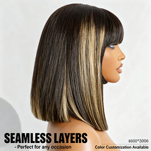 Peluca Bob de Cabello Virgen Brasileño, Hecha a Máquina, con Encaje Completo HD, 200% de Densidad, Sin Pegamento, Rojizo/Negro Natural, Corta - Product Image 5