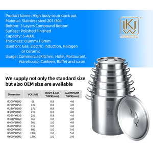 Balde de Sopa Comercial de Aço Inoxidável de Grande Capacidade (6L-400L) para Fogão a Gás e Indução, Durável e Empilhável, Ideal para Cozinhar Sopa - Product Image 3