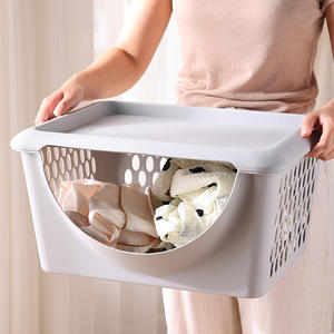 Household Laundry <b>Basket</b> Rectangle Stackable Clothing Organizer With Lid For Dirty Clothes Bathroom <b>Storage</b> Rack - Product Image 2