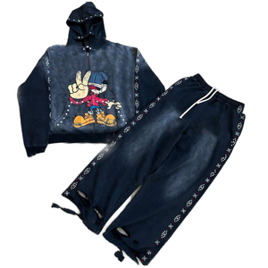 Conjunto de chándal unisex con cremallera y pedrería, pantalones de pierna ancha con letras aplicadas, etiqueta personalizada, estilo urbano, corte holgado, para otoño - Product Image 2