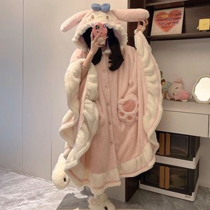 Conjuntos de ropa de dormir Pijamas de niña lindos Otoño Invierno Camisón de lana de coral Poncho grueso con forro polar Cálido - Product Image 5