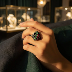 Bague de cocktail Art Palace pour femme, plaquée or 18 carats, sertie de pierres précieuses naturelles taille émeraude, monture pavée, géométrique, élégante et glamour pour les soirées - Product Image 3