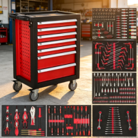 Chariot à outils roulant d'atelier OEM 258 pièces avec 7 tiroirs, acier SPCC, serrure à clé, jeu complet de clés à douilles pour garage et réparation automobile