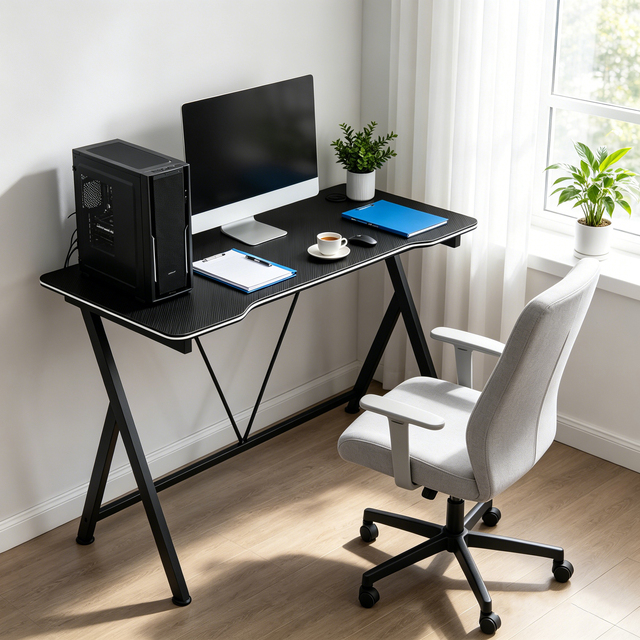 Gaming Desk Computer Table Ergonomic Study Workstation Black Matte Desktop with Cable Management for Home Office Gaming Room
