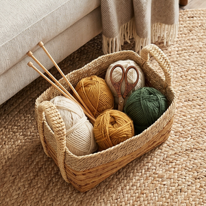Handwoven <b>Rectangular</b> Two-Tone Seagrass <b>Storage</b> <b>Basket</b> with Handles, Natural Wicker Organizer Bin for Shelf and Living Room - Product Image 5