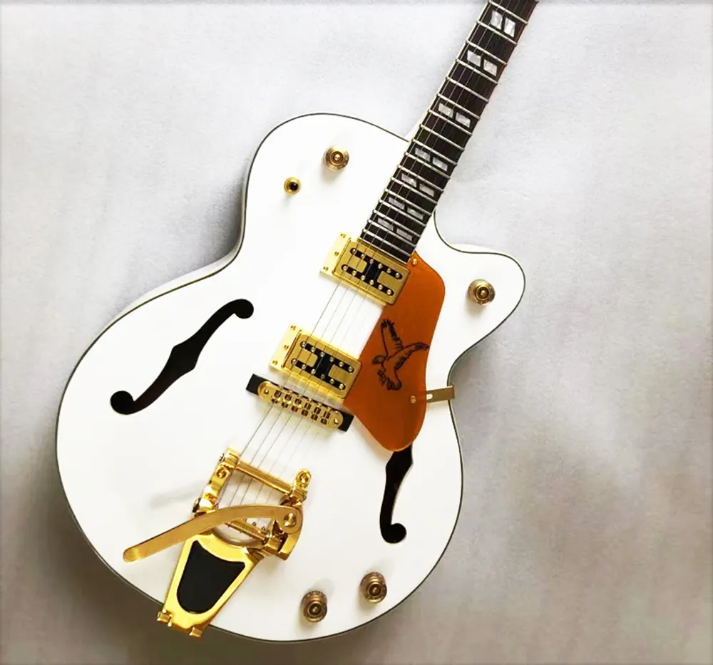 Professional White color Mahogany Electric Jazz Silver Vintage white color Guitar With Two F Holes