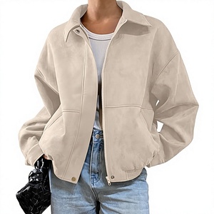 Chaqueta Bomber de Cuero PU para Mujer, Manga Larga, Cuello Camisero, Cierre de Cremallera, Estilo Otoñal, Color Sólido, Resistente al Viento - Product Image 1