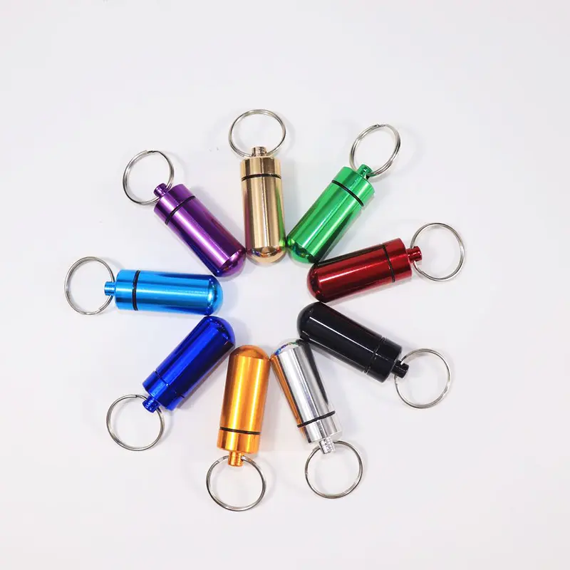 7 Colors Mini Keychains Metal Bottle Pill Holder Key Ring with 4 Size Self Defense Keychain Screw Open Waterproof Tube Container
