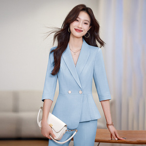 Women's Suit Set Light Blue Three Quarter Sleeve Anti-Wrinkle Office Lady Spring Wear - Product Image 1
