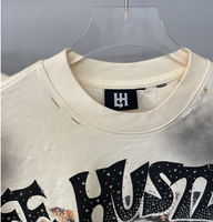 Life Hustlers High Street Style Basic Edition dengan Cetakan Huruf dan Bordir Berlian, Kerah Bulat, Lengan Pendek, Model Longgar