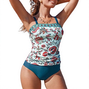 <b>Women</b> Floral <b>Tankini</b> Set Square Neck Ruching Tummy Control Two Piece Swimwear Plus Size OEM ODM Wholesale Rate Cheap Price - Product Image 2