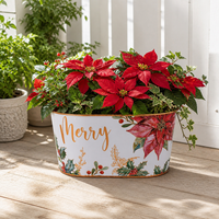 Ember Logam Oval Bermotif Poinsettia Holly dengan Pinggiran Emas untuk Menyimpan Buah, Camilan, Hadiah, dan Dekorasi Taman, Selamat Natal