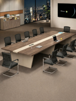 Table de conférence moderne avec aspect bois, plateau rectangulaire arrondi et module de gestion des câbles central