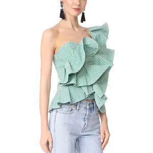 Huilin-Blusa personalizada de verano para mujer, Blusa con volantes y un hombro a cuadros, blusa sexy con espalda descubierta