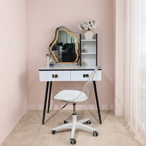 Modern <b>Makeup</b> Vanity Desk with Lighted <b>Mirror</b> Storage White Black Legs Acrylic Chair Bedroom Furniture - Product Image 3