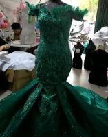 Magnifique Robe de Bal de Sirène Africaine Verte 2024, Épaule Dénudée, Grande Taille, Robe de Soirée en Dentelle Perlée avec Traîne