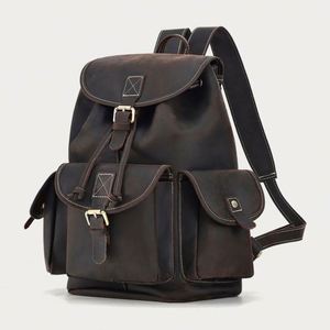 Large Capacity Men's <b>Backpack</b> Retro Leisure Travel <b>Drawstring</b> Bucket Schoolbag Men's Vintage Leather <b>Backpack</b> - Product Image 2