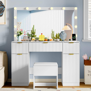 Miroir de coiffeuse à motif ondulé avec éclairage LED, 3 modes d'éclairage, luminosité réglable, ensemble de coiffeuse avec tiroir de rangement - Product Image 1