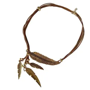 Fashion Jewelry Women Handmade Vintage Leather Rope With Metal Feather Charm Necklace