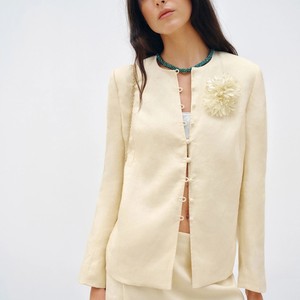 Chaqueta de Mujer para Otoño, Color Albaricoque, Lino/Algodón, Cuello Redondo, Estilo Vintage de Lujo, Casual, Transpirable, Manga Larga, Cierre de un Solo Botón - Product Image 1