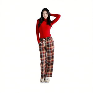 J706 Pantaloni a Collo Alto Lavorati a Maglia per Donna, Maniche Lunghe, Motivo a Quadri, Vita Elastica, Vestibilità Comoda, Abbigliamento Sportivo Autunnale - Product Image 1