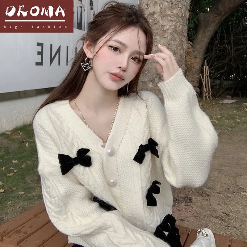 Droma winter high end bowknot knitting women's clothing autumn loose V-neck soft cardigan sweater 2021