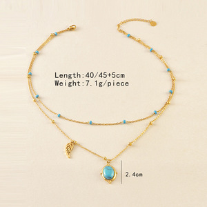 Collier de clavicule elliptique turquoise pour femmes en acier inoxydable plume plaqué or classique collier en couches Style pour cadeau - Product Image 3