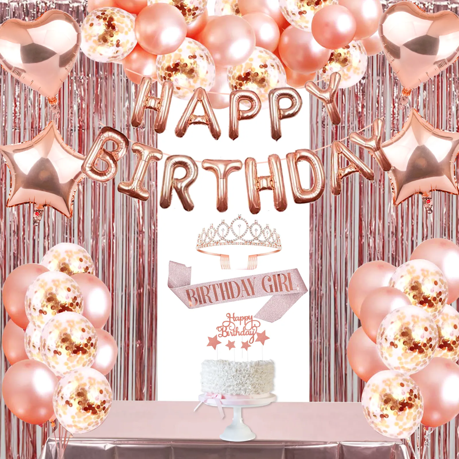 Suministros de fiesta de cumpleaños para niña, cartel de feliz cumpleaños, globos con parte trasera, conjunto de decoraciones rosa para niña