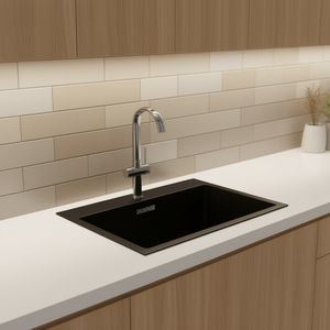 Évier de cuisine Shaniz en acier inoxydable noir, simple bac, finition mate, à poser sur comptoir, avec robinet - Product Image 2