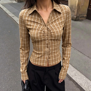 Chemisier à carreaux boutonné pour femme, col à revers, manches longues, avec ceinture à nouer, coupe ajustée, style vintage américain pour le bureau - Product Image 1